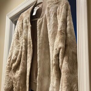 Alfred Dunner Plush Beige Faux Fur Jacket